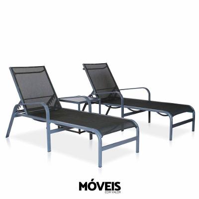 Kit 2 Espreguiçadeiras De Alumínio + 1 Mesinha Lateral Para Piscina, Hotel - Grafite E Tela Preta