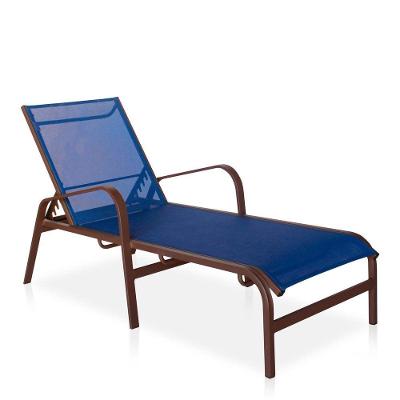 Espreguiçadeira Para Piscina, área Externa, Jardim, Em Alumínio - Marrom E Tela Sling Azul