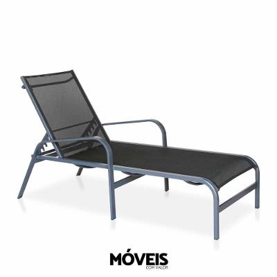 Espreguiçadeira Para Piscina, área Externa, Jardim, Em Alumínio - Grafite E Tela Sling Preto