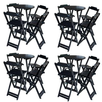 Kit 4 Jogos De Mesa Bistrô De Madeira Com 4 Cadeiras Dobravel Preto - Preto