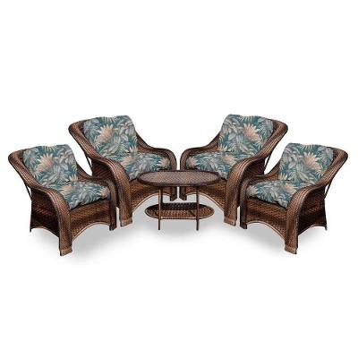 Conjunto De Poltronas Fibra Sintética Melo - 4 Poltronas + 1 Mesa Centro - Tecido Palmares Petróleo