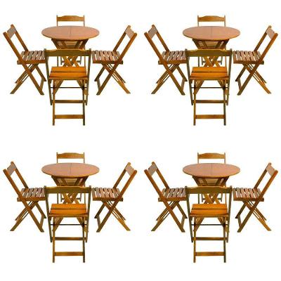 Kit 4 Conjuntos De Mesa Dobravel 70X70 Tampo Redondo Em Madeira Padrao Com 4 Cadeiras - Mel - Marrom
