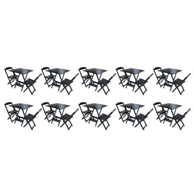 Kit 10 Jogos De Mesa Dobravel Com 2 Cadeiras De Madeira 70x70 Ideal Para Bar E Restaurante - Preto
