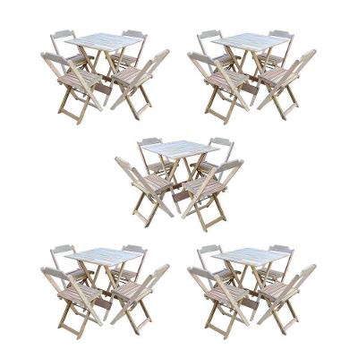 Kit 5 Jogos De Mesa Dobravel Com 4 Cadeiras De Madeira 70X70 Para Restaurante E Bar - Sem Pintura
