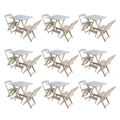 Kit 9 Jogos De Mesa Dobravel Com 2 Cadeiras De Madeira 70X70 Para Restaurante E Bar - Sem Pintura