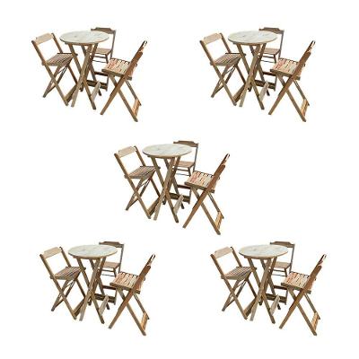 Kit 5 Jogos De Mesas Bistrô De Madeira Dobrável Com 3 Banquetas - Crua