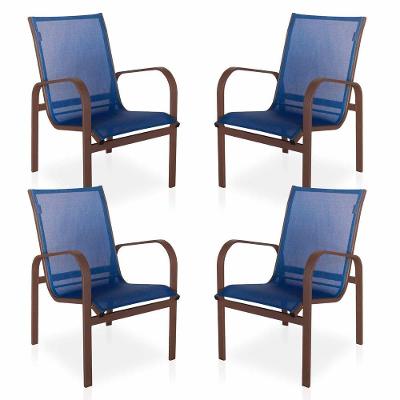 Conjunto 4 Cadeiras Para , área Externa, Gourmet E Jardim - Marrom Em Tela Sling Azul