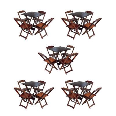 Kit 5 Jogos De Mesa Dobravel Com 4 Cadeiras De Madeira 70X70 Para Restaurante E Bar - Imbuia