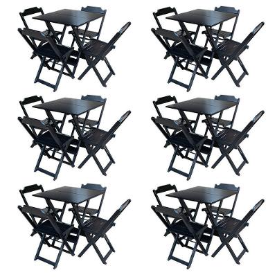 Kit 6 Conjuntos De Mesa Com 4 Cadeiras De Madeira Dobravel 70X70 Preto - Preto