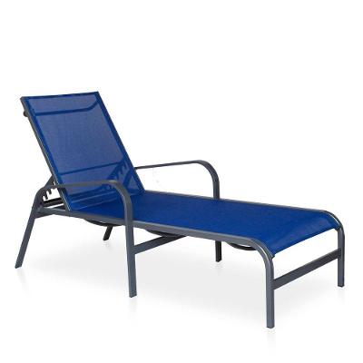 Espreguiçadeira Para Piscina, área Externa, Jardim, Em Alumínio - Grafite E Tela Sling Azul