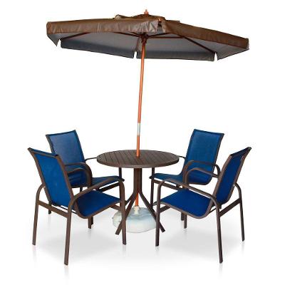 Conjunto 1 Mesa + 4 Cadeiras Em Alumínio + 1 Ombrelone Marrom De 2 Metros - Marrom Com Tela Preta