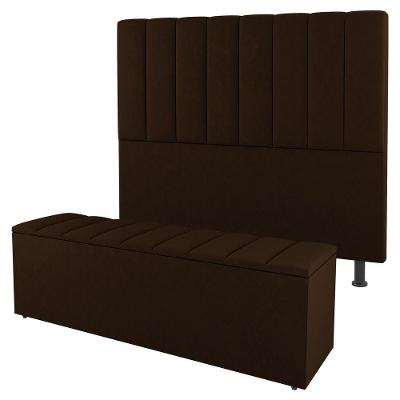 Kit Cabeceira E Baú Cama Box Casal Cora 140cm Suede Marrom