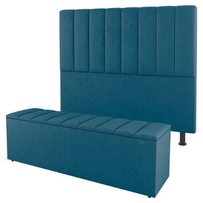 Kit Cabeceira E Baú Cama Box Casal Cora 140cm Suede Turquesa