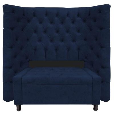 Kit Cabeceira e Calçadeira Baú Solteiro Everest P02 90cm Para Cama Box Suede Azul Marinho