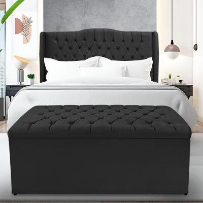 Kit Cabeceira E Calçadeira Baú Dubai Casal 140 Cm - Veludo Preto