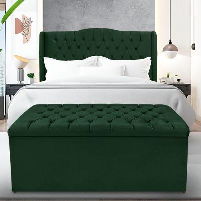 Kit Cabeceira E Calçadeira Baú Dubai Casal 140 Cm - Veludo Verde