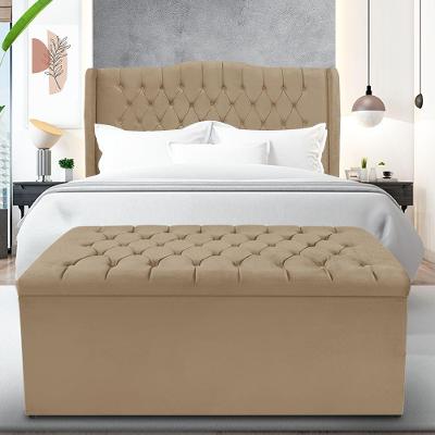 Kit Cabeceira E Calçadeira Baú Dubai Casal 140 Cm - Veludo Bege Escuro