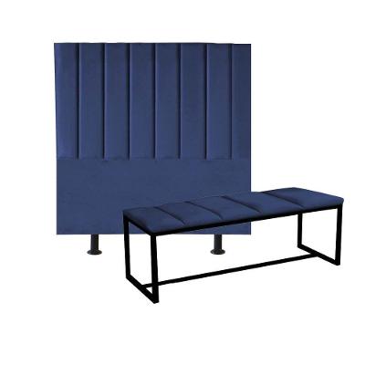 Kit Cabeceira Carla E Recamier 140cm Casal Box Ferro Preto Sintético Azul Marinho