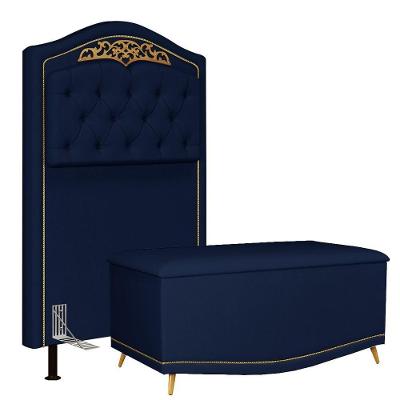 Cabeceira Cama Box Solteiro 90cm Com Calçadeira Baú Azul