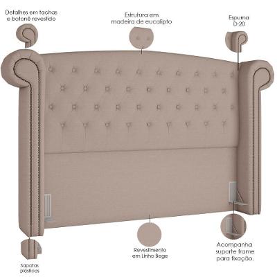 Cabeceira Cama Box Queen Com Tachas 160 Cm Sofia P05 Linho Bege Areia