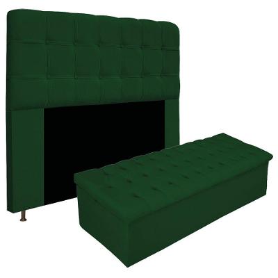 Kit Cabeceira Calçadeira Baú Estofada 140cm Casal Verde