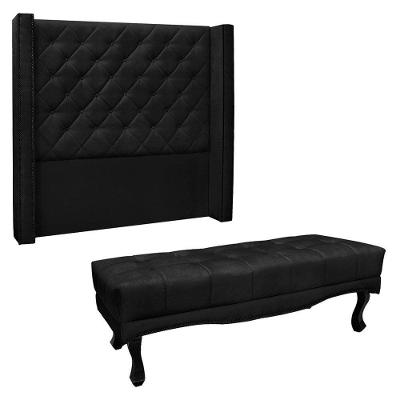 Kit Cabeceira E Calçadeira Recamier Casal 1,40M Suede Preto