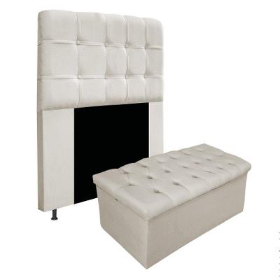 Kit Cabeceira Calçadeira Baú Estofada 90cm Solteiro Bege