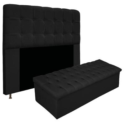 Kit Cabeceira Calçadeira Baú Estofada 140cm Casal Preto