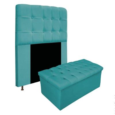 Kit Cabeceira Calçadeira Baú Estofada 90cm Solteiro Azul