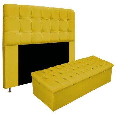 Kit Cabeceira Calçadeira Baú Estofada 140cm Casal Amarelo