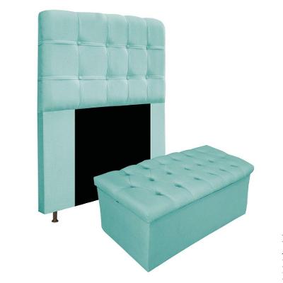 Kit Cabeceira Calçadeira Baú Estofada 90cm Solteiro Azul
