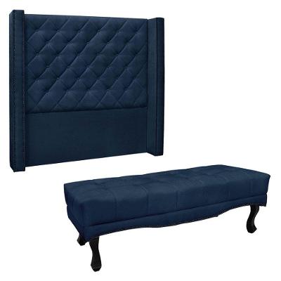 Kit Cabeceira E Calçadeira Recamier Queen 1,60M Azul Marinho