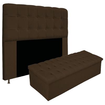 Kit Cabeceira Calçadeira Baú Estofada 140cm Casal Marrom