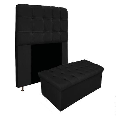 Kit Cabeceira Calçadeira Baú Estofada 90cm Solteiro Preto