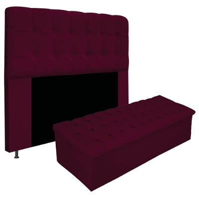 Kit Cabeceira Calçadeira Baú Estofada 140cm Casal Bordô