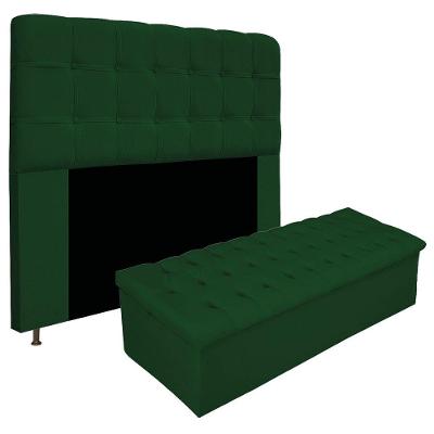 Kit Cabeceira Calçadeira Baú Estofada 160cm Queen Verde