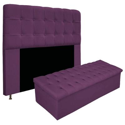 Kit Cabeceira Calçadeira Baú Estofada 140cm Casal Roxo
