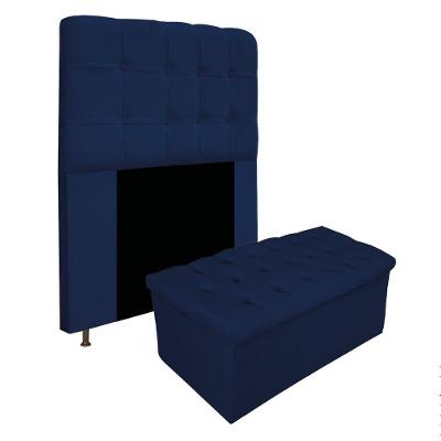 Kit Cabeceira Calçadeira Baú Estofada 90cm Solteiro Azul