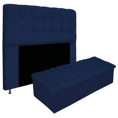 Kit Cabeceira Calçadeira Baú Estofada 140cm Casal Azul