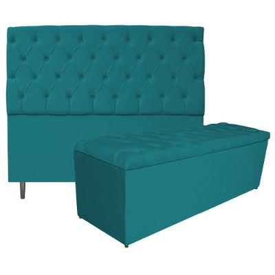 Kit Cabeceira Calçadeira Liverpool 140cm Casal Azul