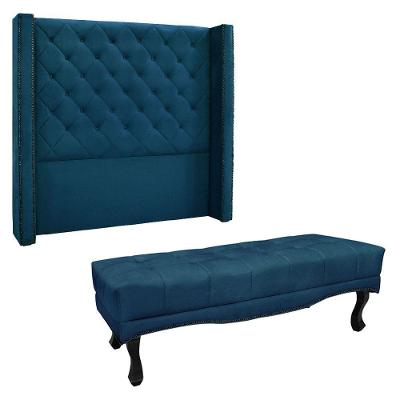 Kit Cabeceira E Calçadeira Casal 1,40M Azul Marinho