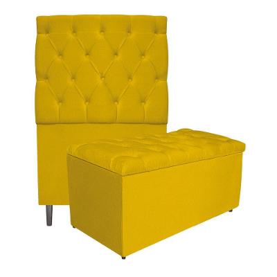 Kit Cabeceira e Calçadeira 90 Cm Solteiro Suede Amarelo