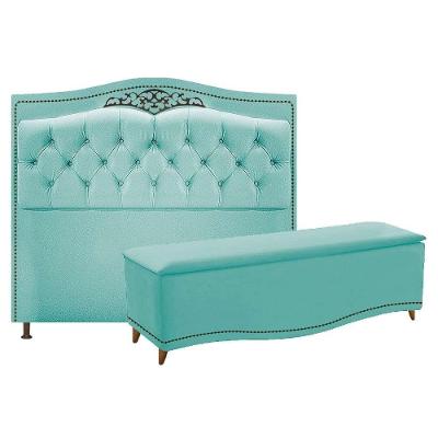 Kit Cabeceira E Calçadeira Yasmim 140cm Casal Azul Tiffany