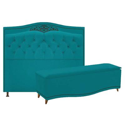Kit Cabeceira E Calçadeira Yasmim 140cm Casal Azul Turquesa