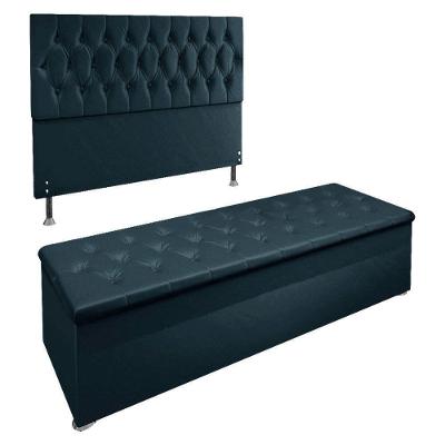 Kit Cabeceira E Calçadeira Baú Casal 1,40m Madrid Suede Azul Marinho - Pallazio