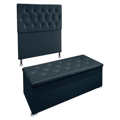 Kit Cabeceira E Calçadeira Baú Solteiro 0,90m Madrid Suede - Pallazio Cor Azul Marinho