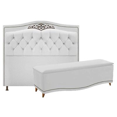 Kit Cabeceira Calçadeira Yasmim 195cm Suede Branco
