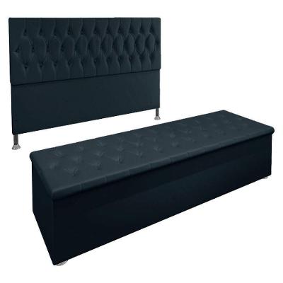 Kit Cabeceira E Calçadeira Baú Queen 1,60m Madrid Suede Azul Marinho - Pallazio