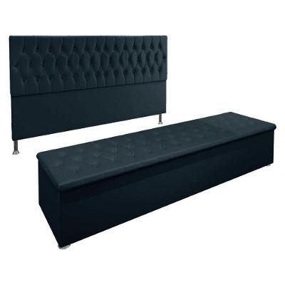 Kit Cabeceira E Calçadeira Baú King 1,95m Madrid Suede Azul Marinho - Pallazio