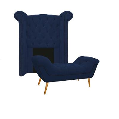 Kit Cabeceira Calçadeira Veneza 100cm Suede Azul Marinho